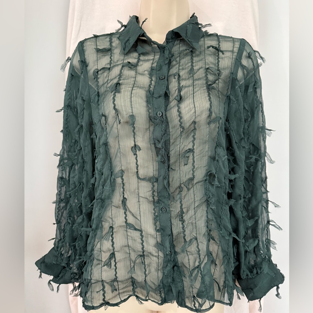 Zara Textured Sheer Button Down Shirt - Deep Green